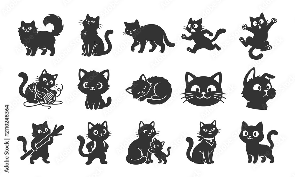 Obraz premium Funny Cute Black Cat Vector Silhouette Icons Set with Playful Kitten, Scared Kitty, and Yarn Ball Emblems