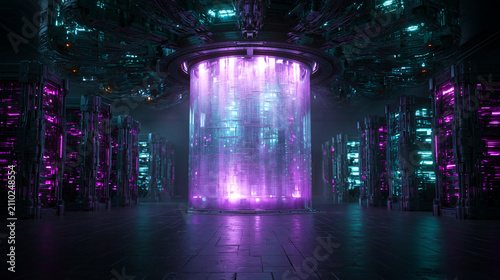 Next-generation quantum computing room, central glowing cylindrical server core encased in clear glass, radial arrangement of dark metallic racks, intense violet and teal LED glow, dark reflective 
