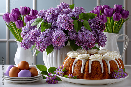 Spring floral arrangement with purple lilacs, tulips, decorated Easter eggs, and a bundt cake with white icing on white table