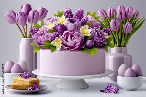 Elegant purple floral cake centerpiece with fresh tulips, daisies, and decorative pastel eggs for festive celebrations and spring gatherings