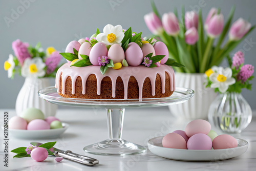 Easter cake with pink icing decorated with pastel eggs and flowers on glass stand with floral background