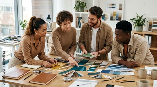 A diverse interior design team collaborates over color swatches and material samples in a bright office, ideal for branding creative consulting services.