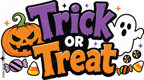 Halloween trick or treat text with pumpkin ghost and candy during festive season vector illustration