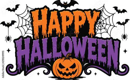 Happy Halloween text with pumpkin and bats during spooky night vector illustration