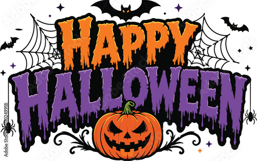 Happy Halloween text with pumpkin bats and cobwebs during spooky night vector illustration