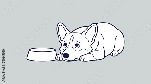 Corgi lying by food bowl outline vector line art drawing