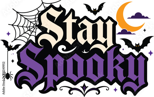 Spooky Halloween lettering with bats moon and spider web during the night for a festive celebration