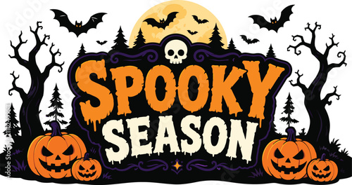 Spooky season illustration with pumpkins bats and a moon during Halloween night