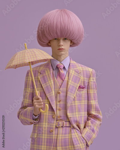 Surreal Fashion Portrait of a Man in a Plaid Suit with Pink Bob Hair and Miniature Umbrella