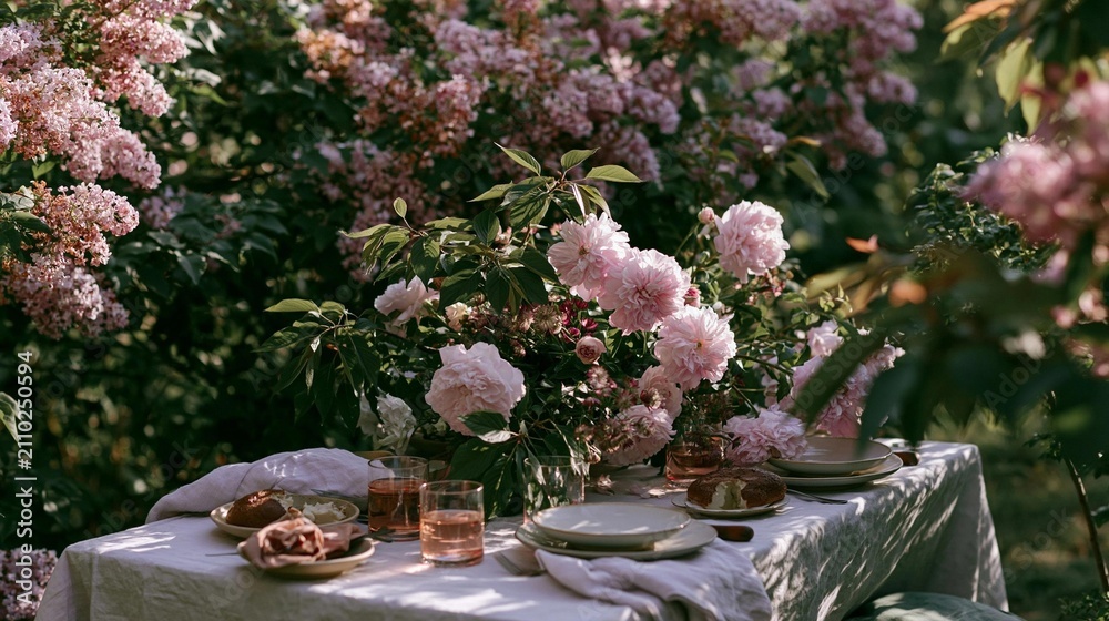 Fototapeta premium Table set up in a garden with a beautiful floral arrangement. the table is covered with a white tablecloth and is set with plates, glasses, and a vase of pink flowers.