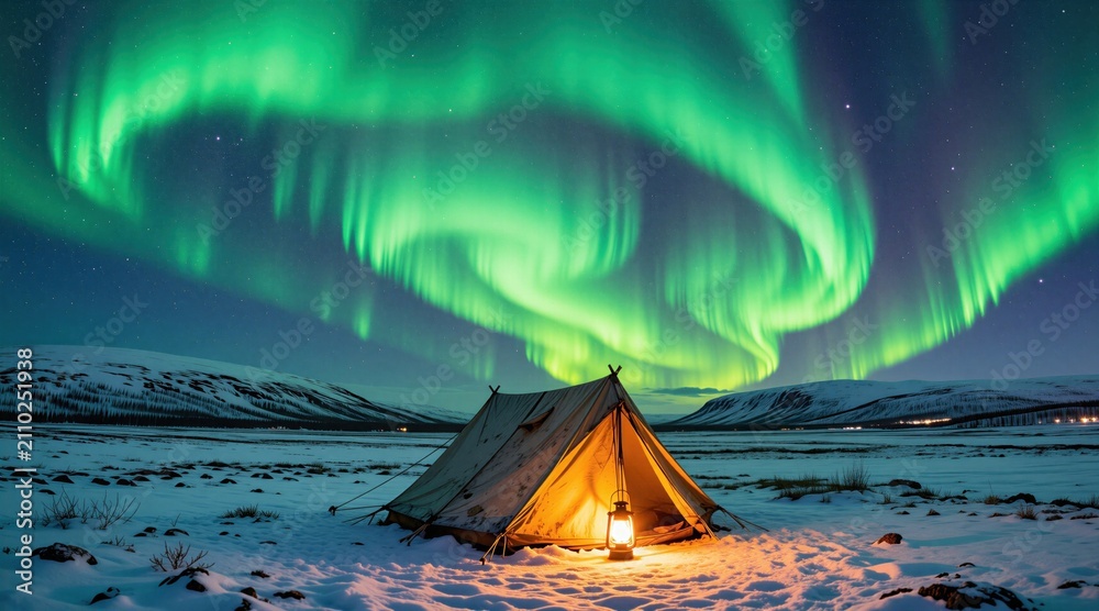 Obraz premium Green aurora borealis glows above winter campsite in snowy mountain valley. Illuminated camping tent stands in deep snow under starry night sky. Cold arctic landscape features bright polar lights