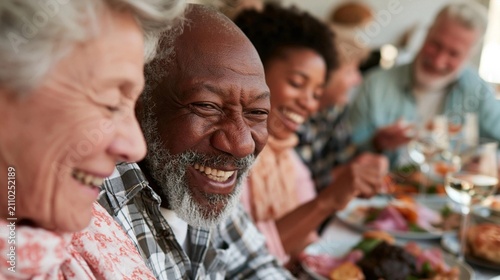 Group of elderly people sitting around a dining table, enjoying a meal together. the focus of the image is on an elderly man with a big smile on his face, who appears to be laughing.
