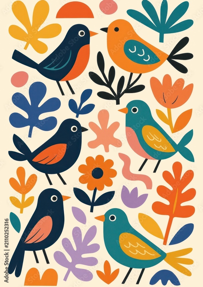 Fototapeta premium Colorful birds floral pattern