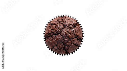 Chocolate muffin with dark cocoa texture, overhead view of gourmet chocolate cupcake, decadent bakery pastry isolated on white background