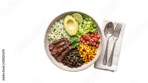 Grilled steak burrito bowl with avocado and black beans, healthy mexican beef bowl with cilantro lime rice, fresh tex-mex salad on white background
