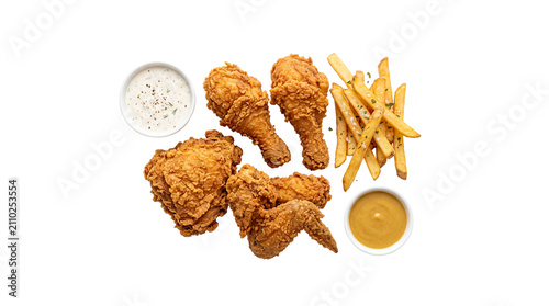 Crispy fried chicken combo with golden french fries and dipping sauces, breaded poultry drumsticks and wings, fast food meal isolated on white background