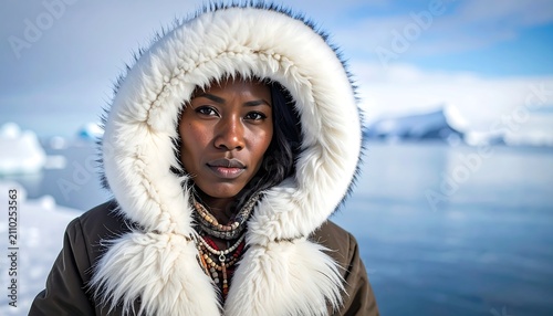 Close-up of a person wearing a fur-lined hooded jacket standing in front of a serene icy landscape with a blurred background of snow and water under a blue sky