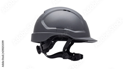Industrial matte grey hard hat, professional construction safety helmet with chin strap, protective headgear for site workers on white background