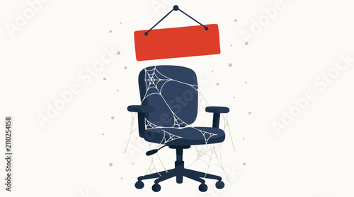 Abandoned office chair covered in cobwebs with red help-wanted sign hanging above, dust particles floating in stale air, symbolizing job vacancy and workplace neglect