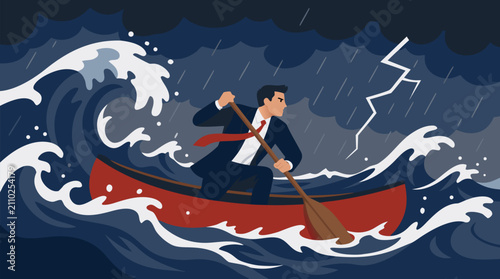 Ambitious businessman paddling red canoe through massive crashing ocean waves in dark stormy sky with lightning and rain