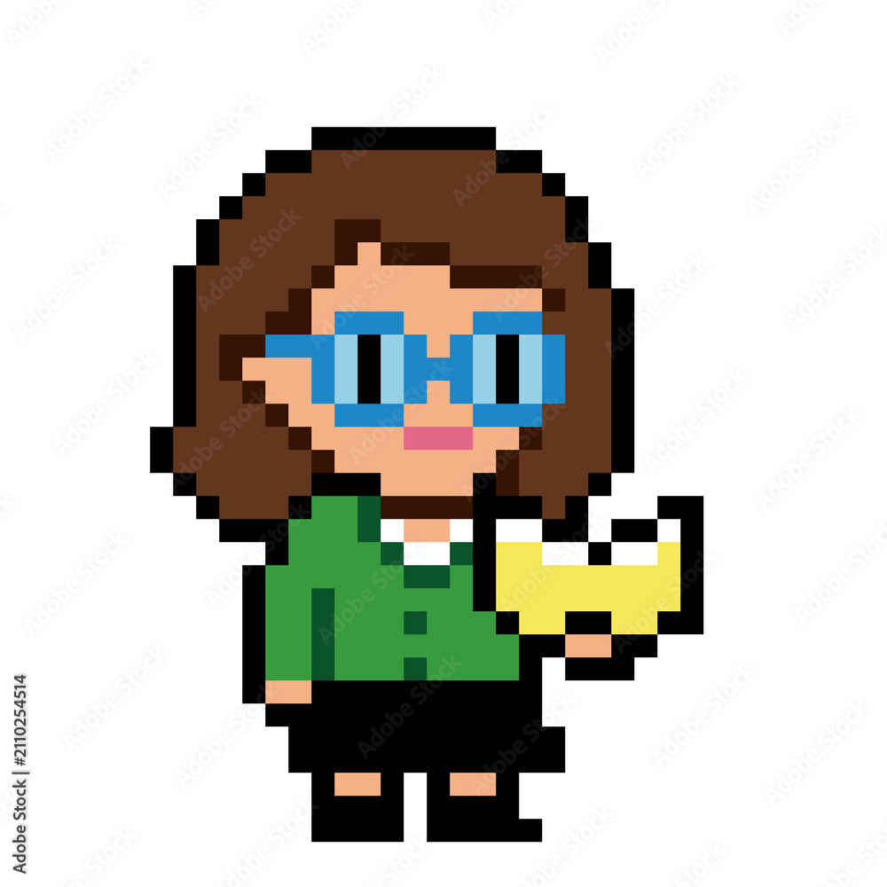 Fototapeta premium Cute Pixel Art Teacher or Student Girl with Glasses and Book 8-Bit Retro Game Character