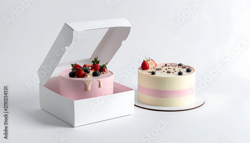 Two delicious cakes with fresh berries and cream frosting, one in an open box, ready for celebration