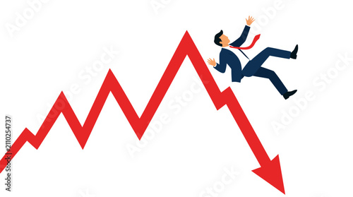 Businessman falling backward off volatile red arrow chart showing market crash, financial crisis and economic downturn risk illustration