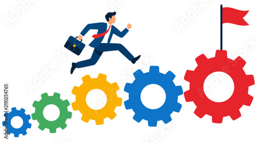 Ambitious businessman leaping across colorful ascending gears toward red target flag, symbolizing career progression, business growth, and achieving ambitious goals through strategic planning and