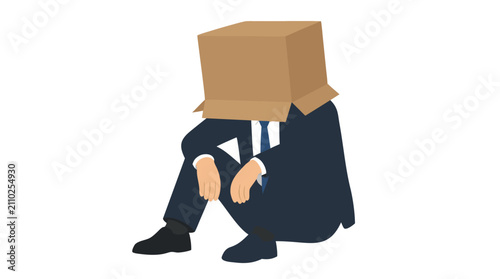 Depressed businessman sitting on floor with cardboard box over head, expressing burnout, failure, and mental health crisis in corporate environment