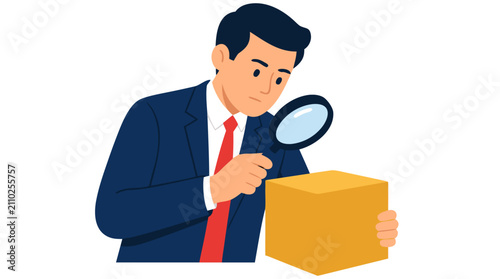 Vector illustration of a professional businessman in a suit and red tie using a magnifying glass to carefully inspect a yellow cube product, isolated on a clean white background for corporate design.
