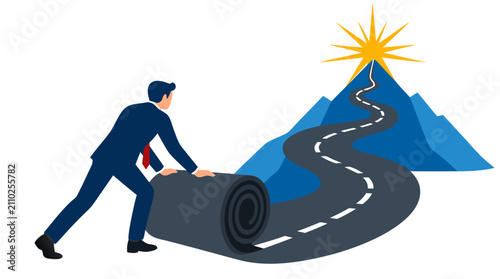 Businessman unrolling a long winding asphalt road towards a glowing golden sun at the mountain summit, conceptual vector illustration of professional growth, career path, ambition, and future success.