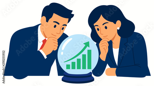 Flat vector illustration of a professional man and woman in business suits gazing intently into a glowing crystal ball showing a green rising bar chart and upward arrow, representing financial