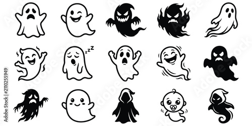 Fotografi A collection of various hand drawn ghost illustrations featuring cute and scary
