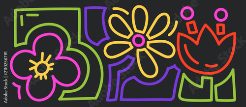 Colorful neon flower doodle outlines with bold floral shapes on dark background. Vector-style botanical elements for stickers, posters, cards and modern designs.