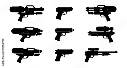 Konstfotografi Futuristic weapon silhouette icons, set of 9 sci-fi blaster and laser gun vector
