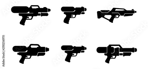 Billede på lærred Water gun silhouette icons set, black plastic squirt gun vector collection, summ