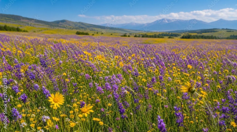 Obraz premium A vast meadow of purple and yellow wildflowers stretches toward rolling hills and hazy mountains under a blue sky, perfect for spring tourism campaigns.
