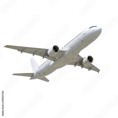 Modern white passenger airplane flying in the sky, commercial jet aircraft isolated on transparent background