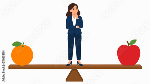 A thoughtful businesswoman standing on a wooden balance beam or seesaw between a fresh orange and a red apple, pondering a choice or decision, conceptual vector illustration of nutrition and health.