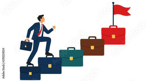 A determined businessman in a suit climbs a staircase constructed from briefcases to reach a red flag at the top, symbolizing career success and ambition in a bold flat vector style illustration.