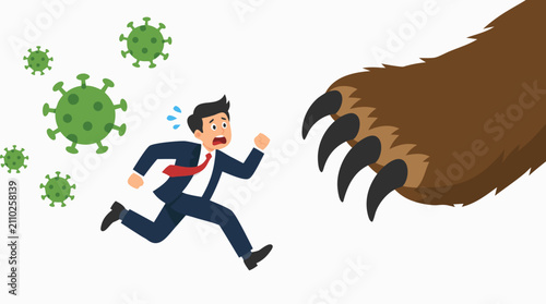Panicked businessman fleeing virus particles toward menacing bear claw in dynamic risk and danger vector illustration