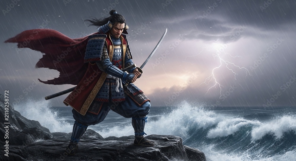Naklejka premium Samurai warrior on stormy coastline