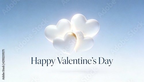 Happy Valentine's Day greeting with white 3D hearts and gold glitter. Minimalist romantic background with blue gradient. Elegant holiday banner for social media or card design