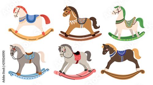 Foto Cute vector set of illustrations of children's toys rocking horses in cartoon linear style