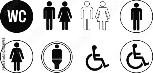 Eight black and white icons for restrooms and facilities including WC and accessibility signs Keywords: restroom icons, WC sign