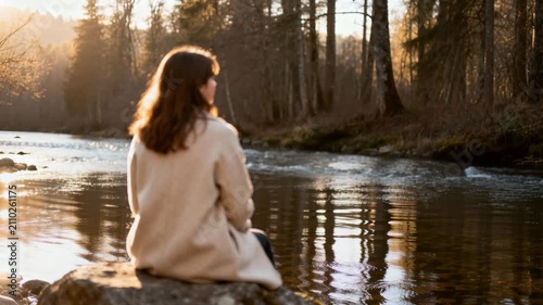 Woman sitting on a rock by a flowing river. Back view of a person in a beige coat looking at a sunlit forest. Golden hour lighting in nature. Solitude and mindfulness concept