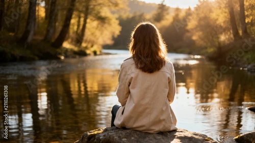 Woman sitting on a rock by a river in autumn. Back view of a person watching the water during golden hour. Nature reflection and solitude concept. Cinematic forest landscape