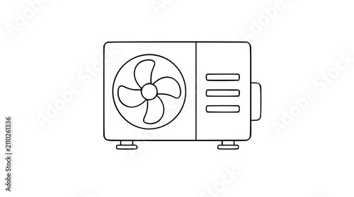 Clean minimalist vector icon of an outdoor HVAC heat pump unit, featuring a simple line art illustration of a cooling fan and ventilation slats, perfect for technical diagrams and home climate design.