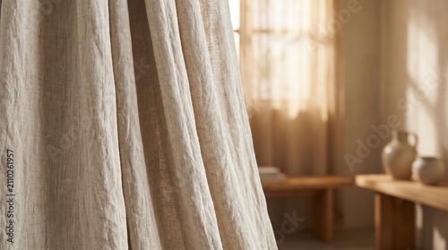 White linen curtain fabric texture with warm natural sunlight for cozy room backdrop