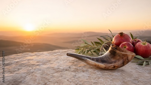 Rosh Hashanah shofar with apples and pomegranate at golden sunrise overlooking landscape